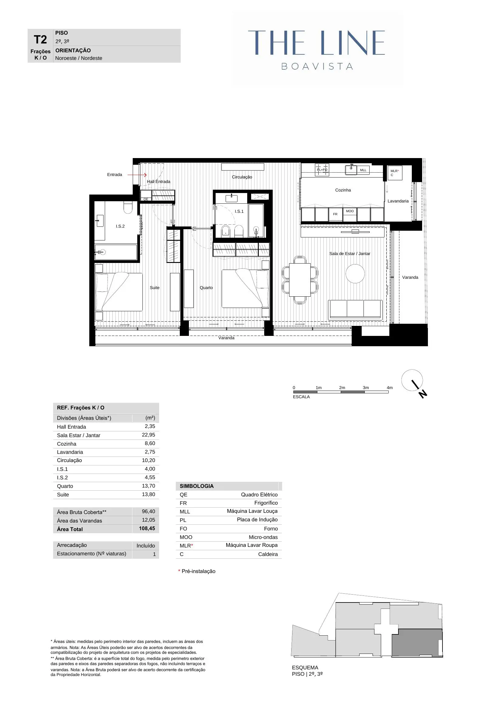 Planta T2 piso 2 e 3 varanda lateral